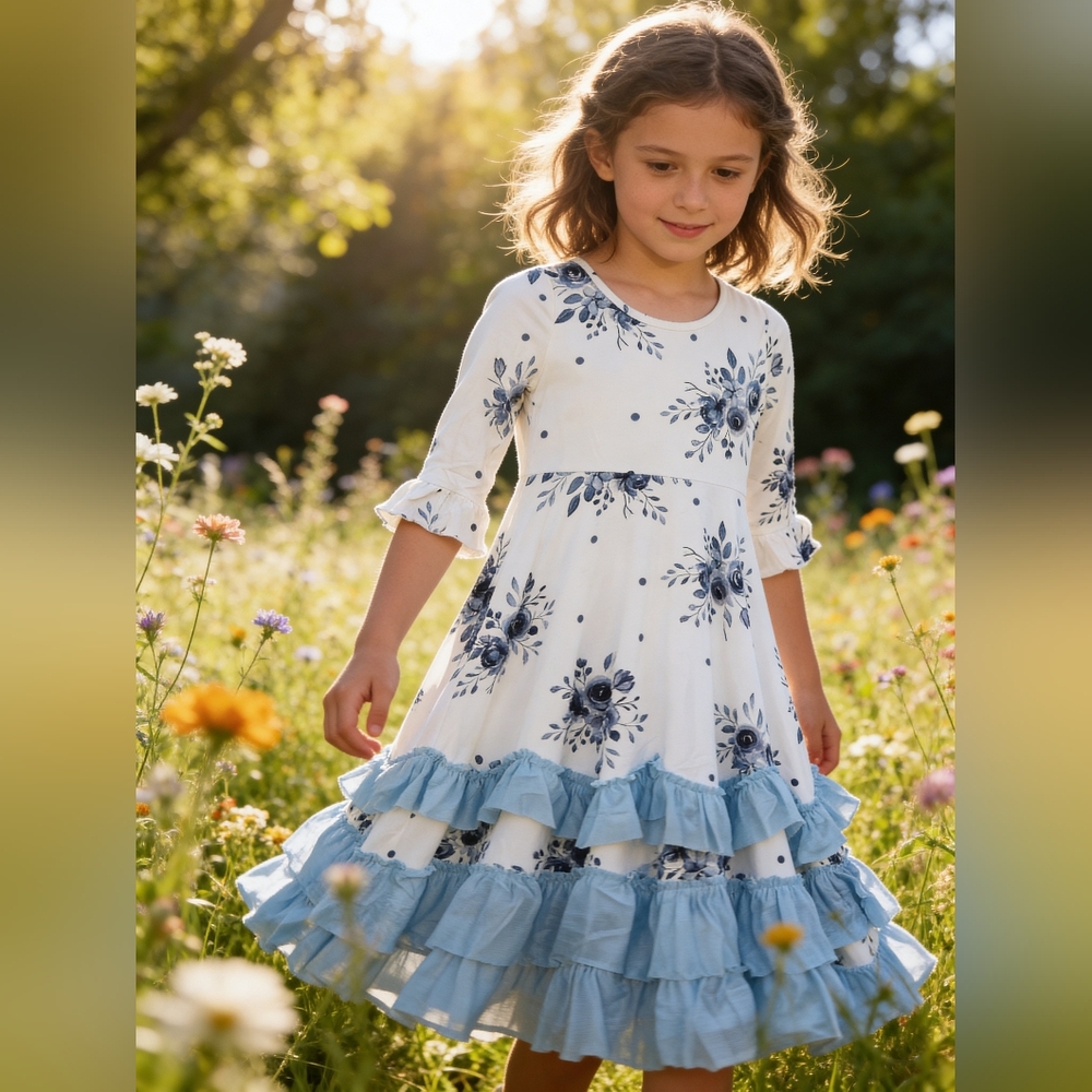 Oopsie Daisy Blue Floral Long Ruffle Dress